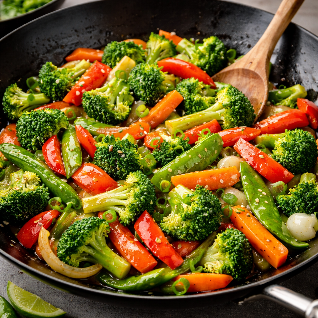 Renkli sebzelerle dolu wok yemeği
